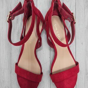 Sun + Stone Josie Red Suede Wedge Sandals Women’s Size 7M Ankle Strap